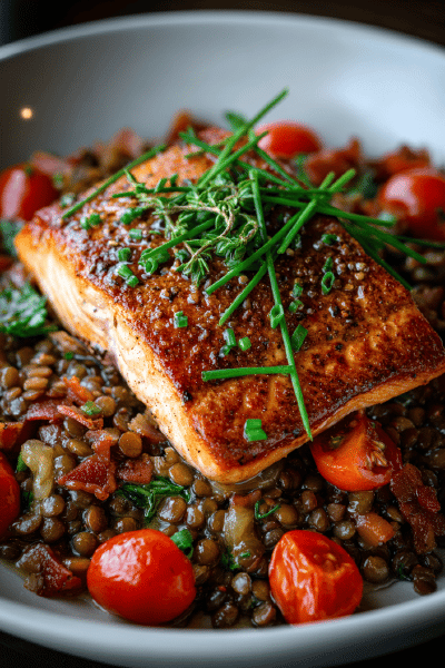 Balsamic Salmon with Lentils