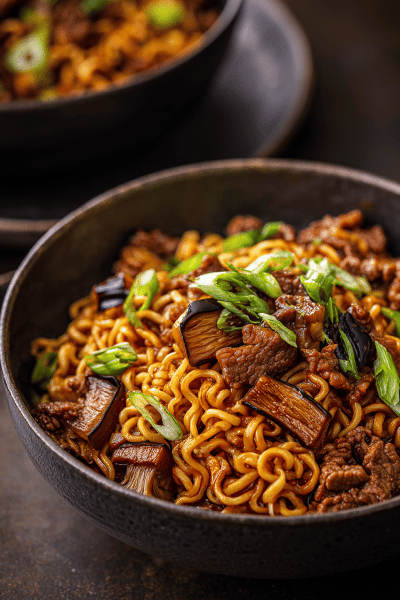 Beef Ramen Bowls with Eggplant & King Oyster Mushrooms
