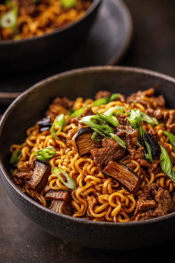 Beef Ramen Bowls with Eggplant & King Oyster Mushrooms