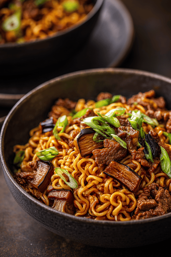 Beef Ramen Bowls with Eggplant & King Oyster Mushrooms