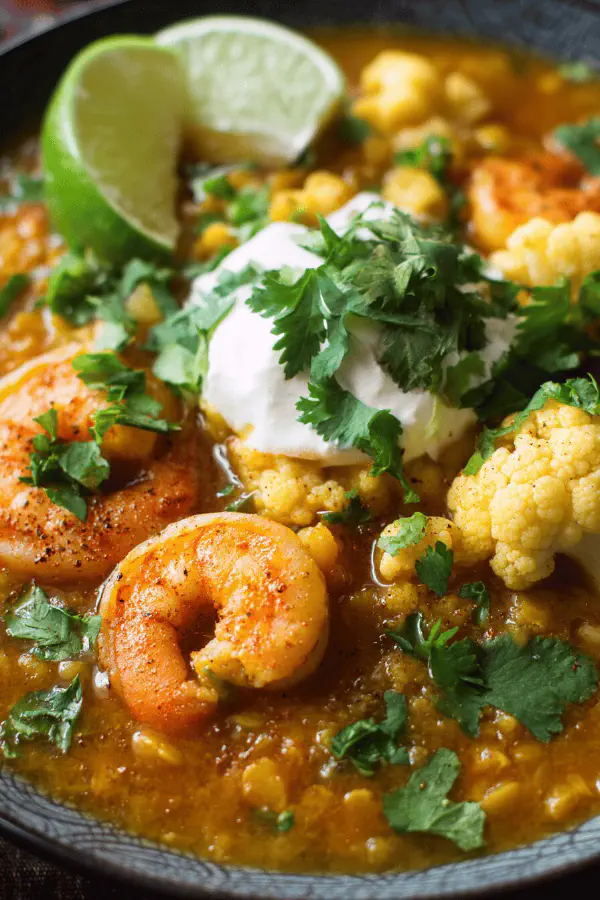 Curried Lentil Cauliflower Shrimp Soup