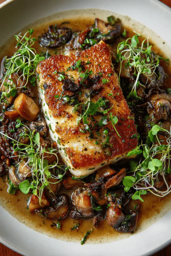 Golden Perch with Caramelized Onion Mushroom Sauce