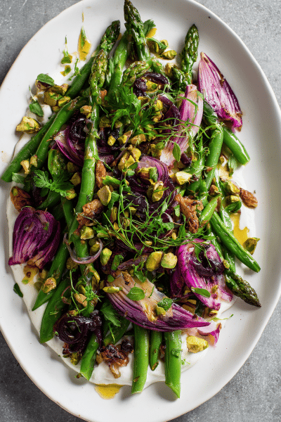 Green Veggie Salad with Roasted Shallots