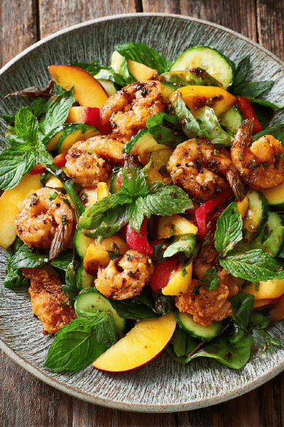 Grilled Pepper Peach Shrimp Salad