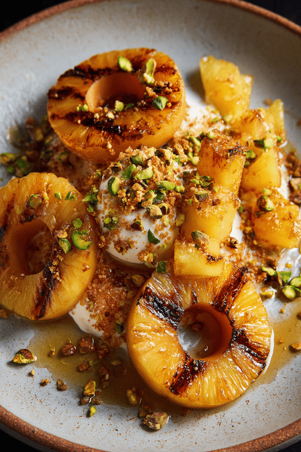Grilled Pineapple and Donuts with Spiked Rum Syrup