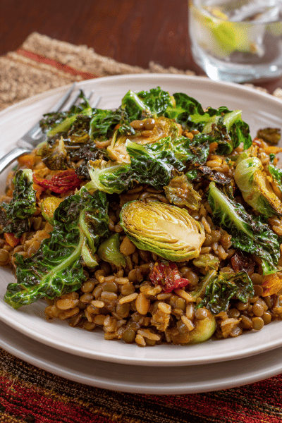 Lentil Rice with Roasted Brussels Leaves