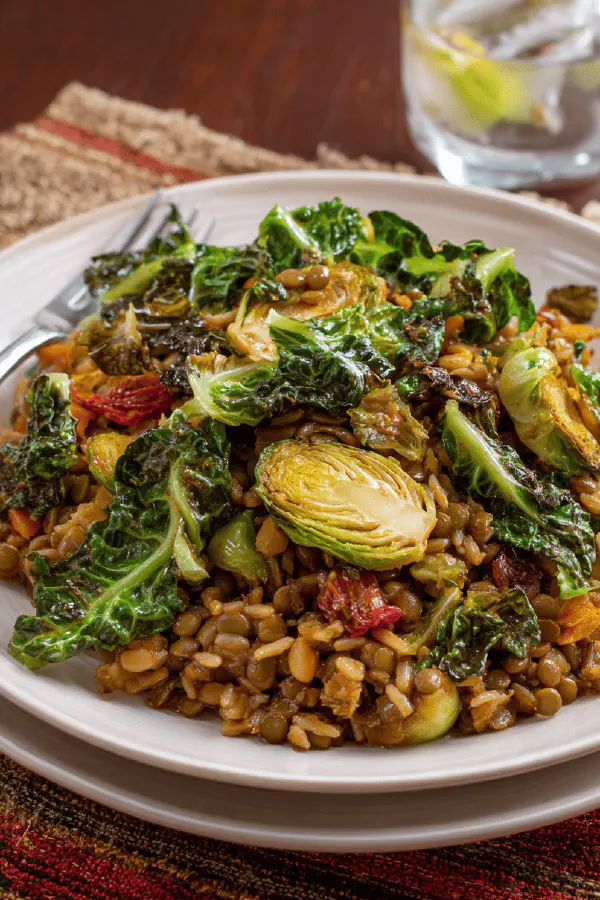 Lentil Rice with Roasted Brussels Leaves