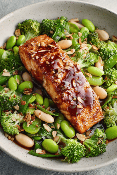 Maple-Glazed Salmon with Warm Bean Broccoli Salad