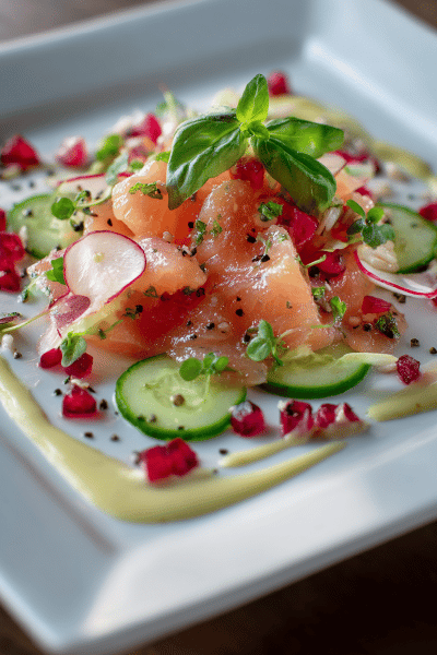 Trout Crudo with Cranberry and Puffed Rice