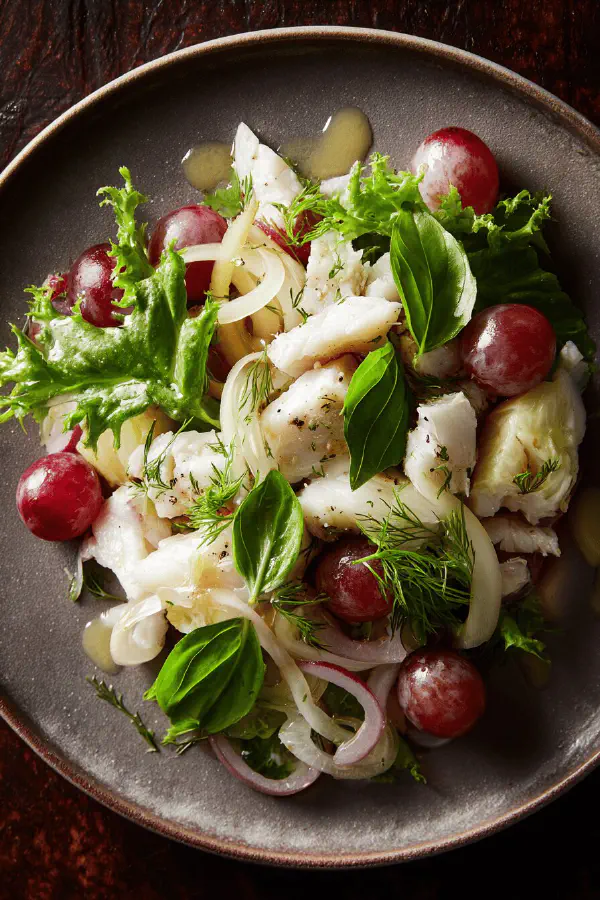 Warm Fennel Grape Fish Salad