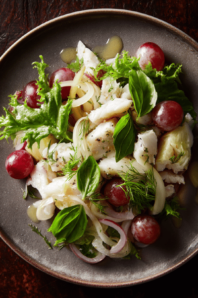 Warm Fennel Grape Fish Salad